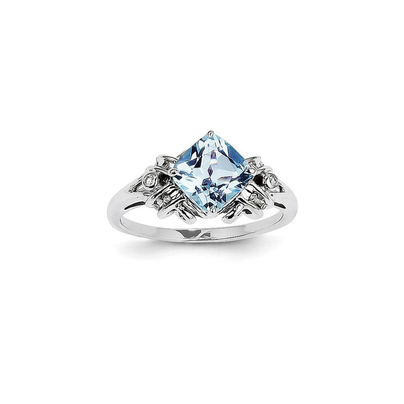 14K Weißgold Ring mit echten Diamanten und blauem Topas, quadratisch