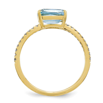 14K Gelbgold Echt Diamant und Blautopas Quadratisch Ring