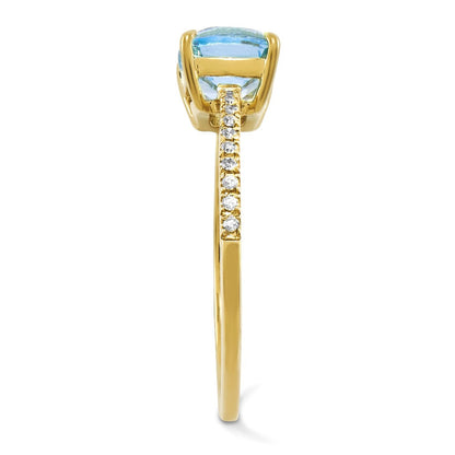 14K Gelbgold Echt Diamant und Blautopas Quadratisch Ring