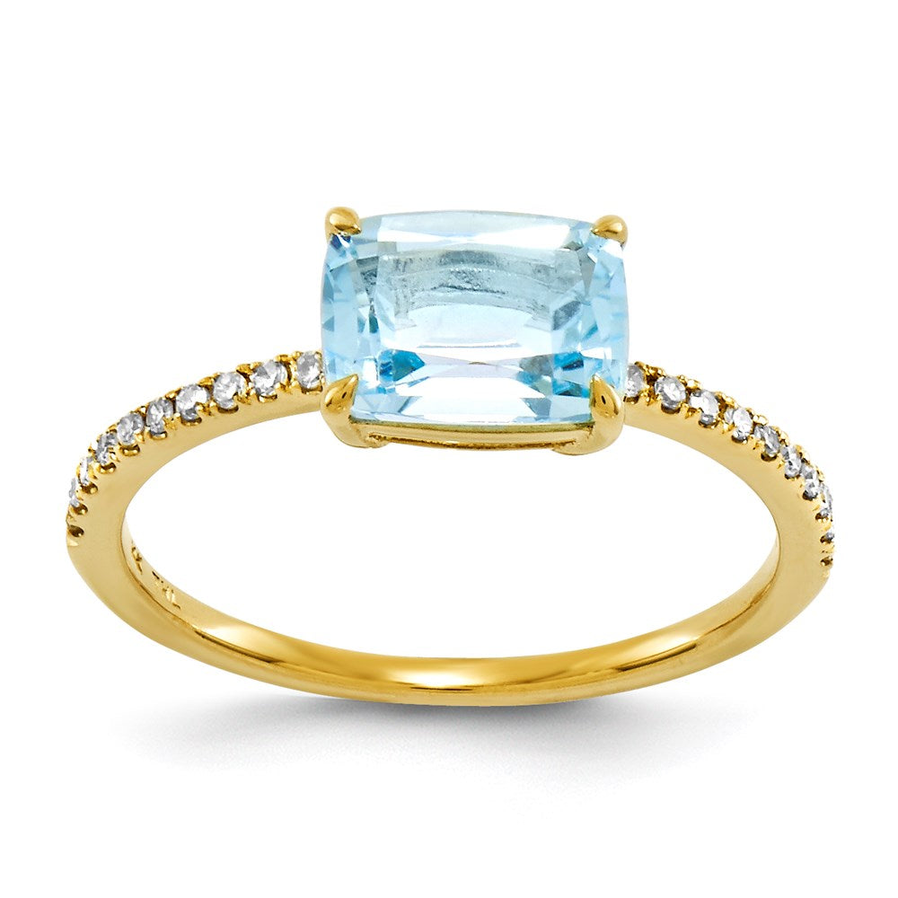 14K Gelbgold Echt Diamant und Blautopas Quadratisch Ring