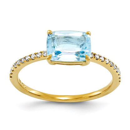 14K Gelbgold Echt Diamant und Blautopas Quadratisch Ring