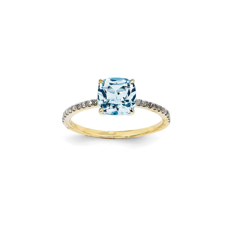 14K Gelbgold Ring mit natürlichem Diamant und blauem Topas, quadratisch