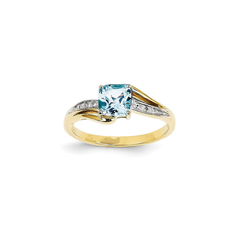 14-Karat-Gelbgold-Ring mit Rhodium, echtem Diamant und blauem Topas, quadratisch