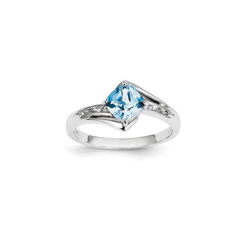 14K Weißgold Ring mit natürlichem Diamant und blauem Topas, quadratisch