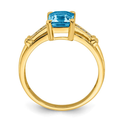 14K Gelbgold Ring mit blauem Topas und weißem Topas, quadratisch