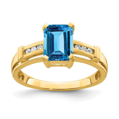 14K Gelbgold Ring mit blauem Topas und weißem Topas, quadratisch