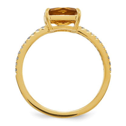 14K Gelbgold Echt Diamant und Citrin Quadratisch Ring