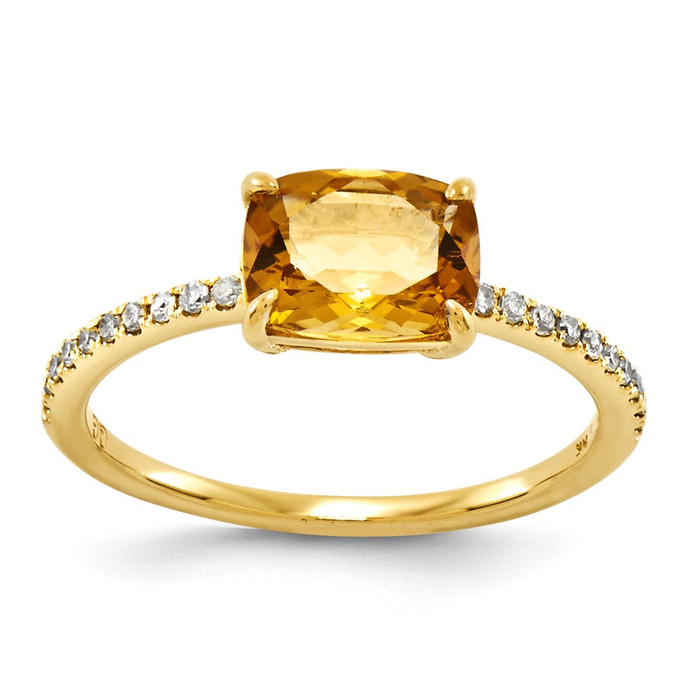 14K Gelbgold Echt Diamant und Citrin Quadratisch Ring