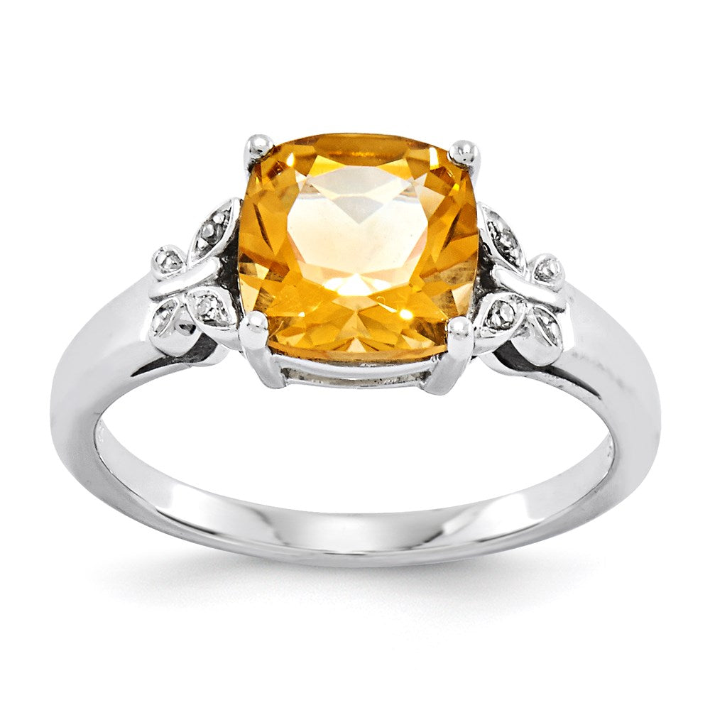 14K Weißgold Echt Diamant und Citrin Quadratisch Ring