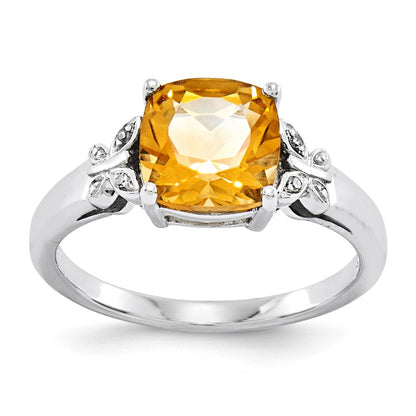14K Weißgold Echt Diamant und Citrin Quadratisch Ring