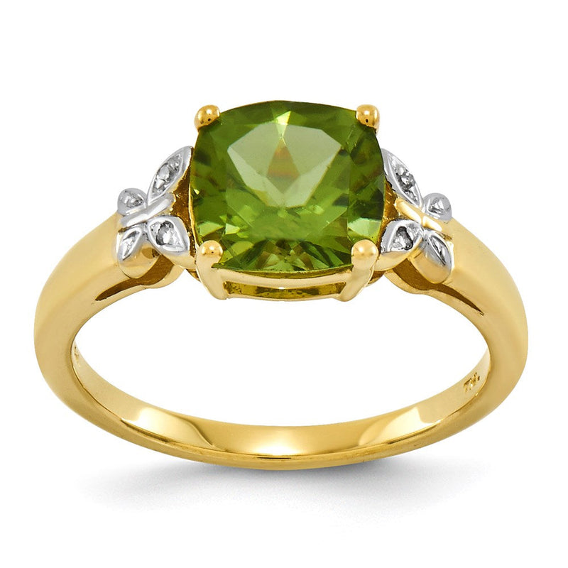 14K Gelbgold Ring mit echtem Diamant und Peridot, quadratisch