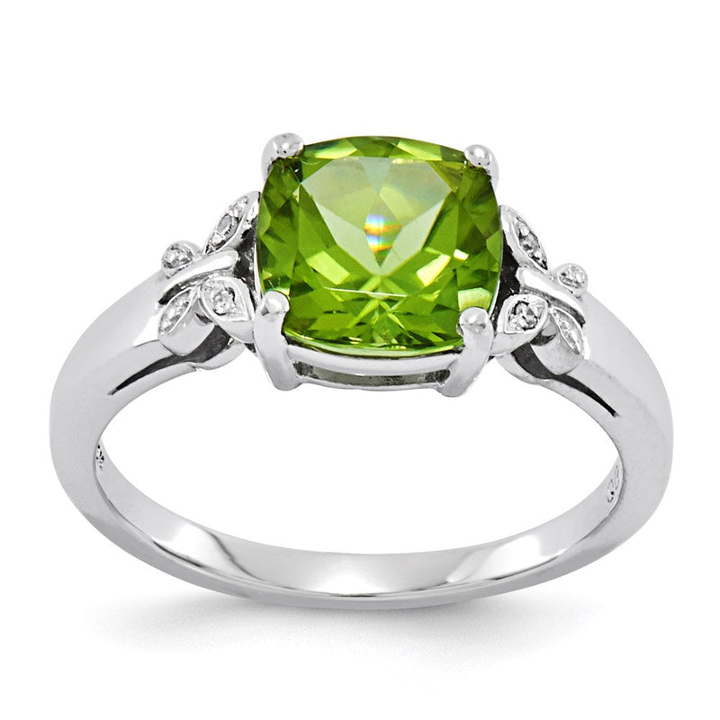 14K Weißgold Ring mit Diamanten und Peridot, quadratisch