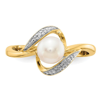 14K Gelbgold Ring mit echten Diamanten und FW-Zuchtperlen