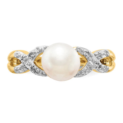 14K Gelbgold Ring mit echtem Diamant und FW-Zuchtperle