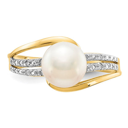 14K Gelbgold Ring mit echten Diamanten und FW-Zuchtperlen