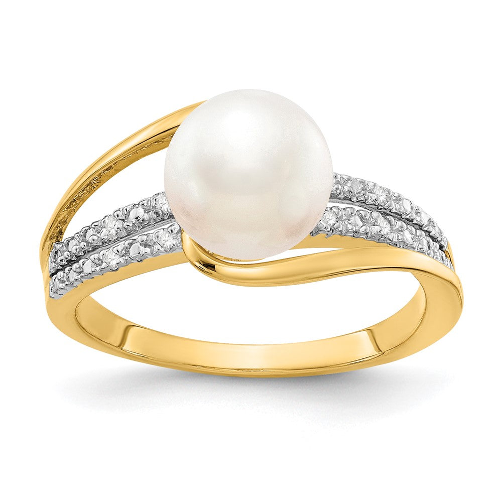 14K Gelbgold Ring mit echten Diamanten und FW-Zuchtperlen