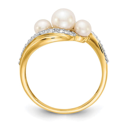14K Gelbgold Ring mit echten Diamanten und FW-Zuchtperlen, 3 Perlen, Bypass-Design