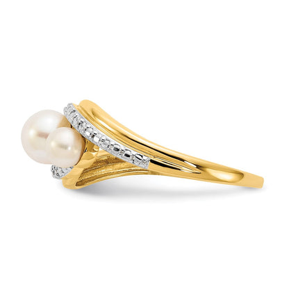 14K Gelbgold Ring mit echten Diamanten und FW-Zuchtperlen, 3 Perlen, Bypass-Design