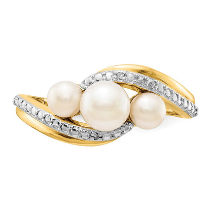 14K Gelbgold Ring mit echten Diamanten und FW-Zuchtperlen, 3 Perlen, Bypass-Design