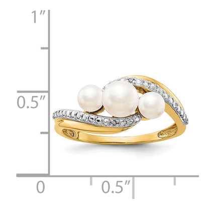 14K Gelbgold Ring mit echten Diamanten und FW-Zuchtperlen, 3 Perlen, Bypass-Design