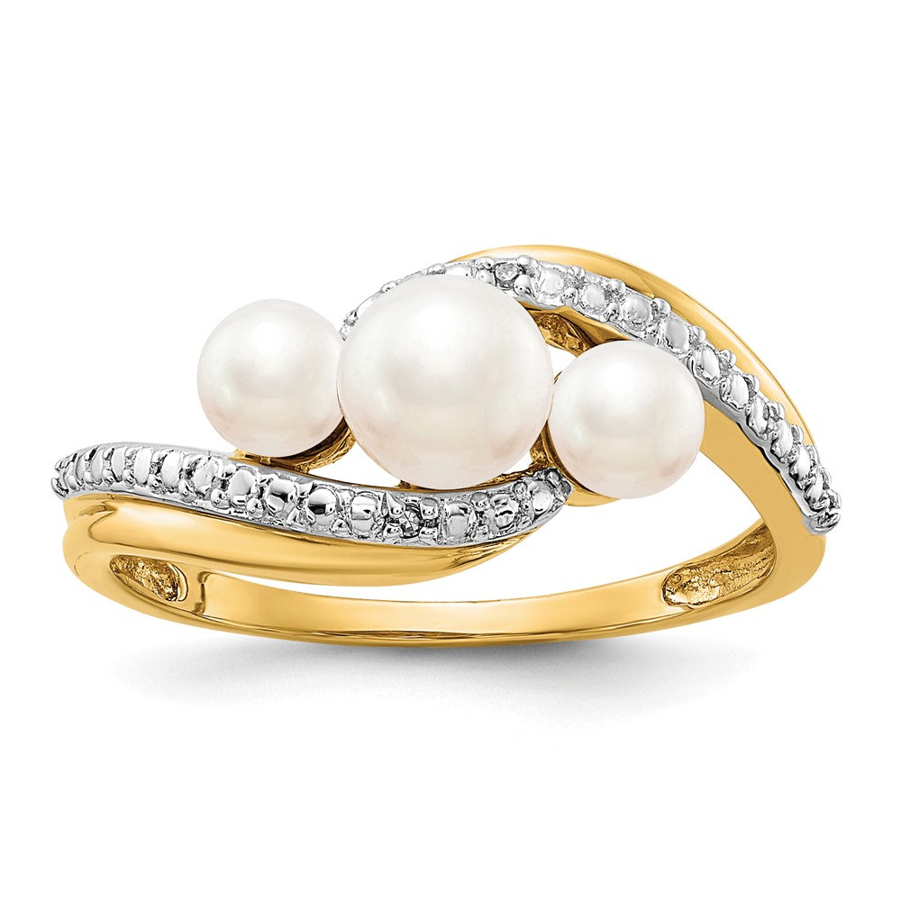 14K Gelbgold Ring mit echten Diamanten und FW-Zuchtperlen, 3 Perlen, Bypass-Design
