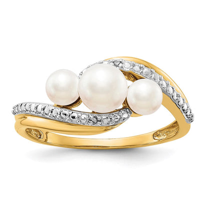 14K Gelbgold Ring mit echten Diamanten und FW-Zuchtperlen, 3 Perlen, Bypass-Design