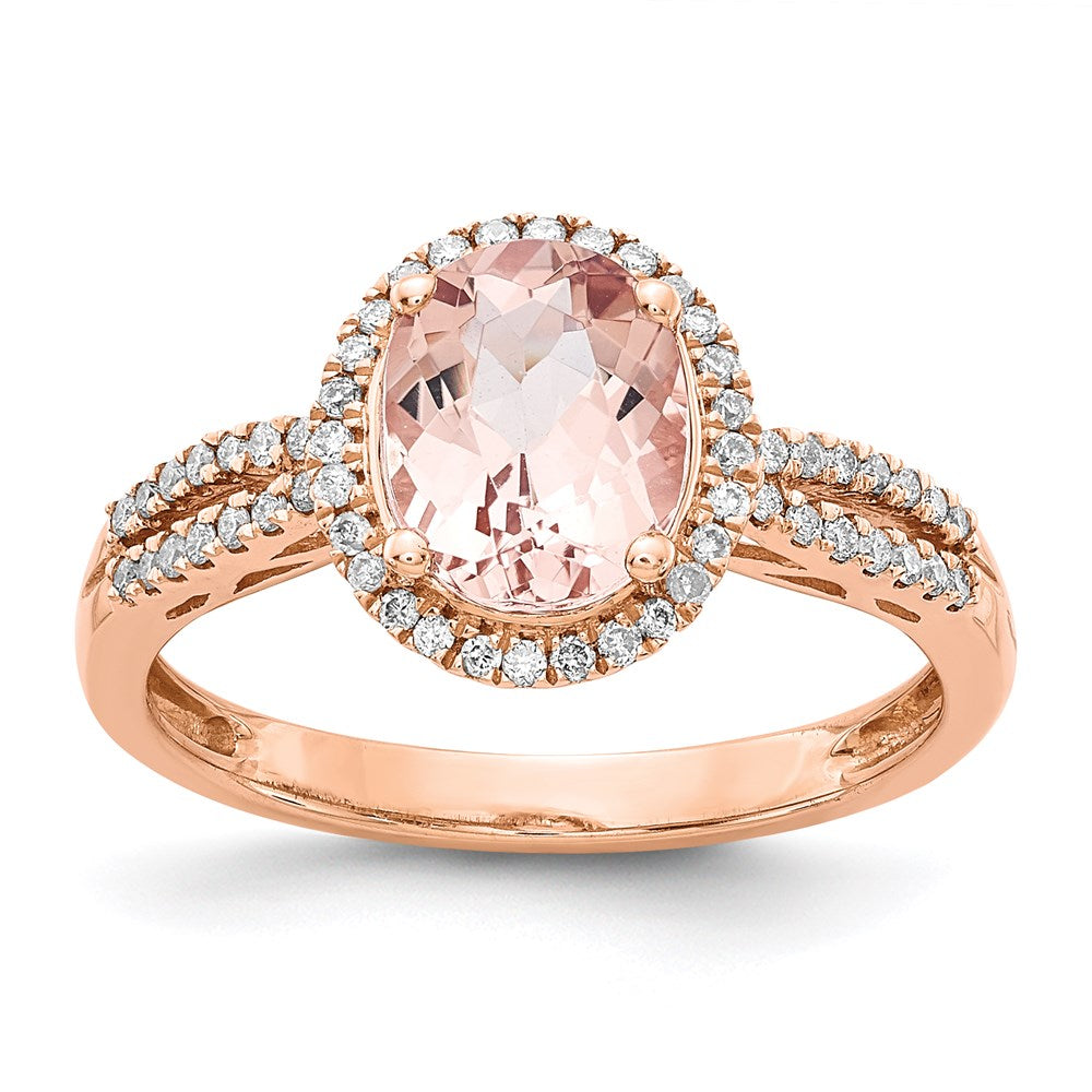 14K Roségold Oval Morganit & Echt Diamant Heiligenschein Ring