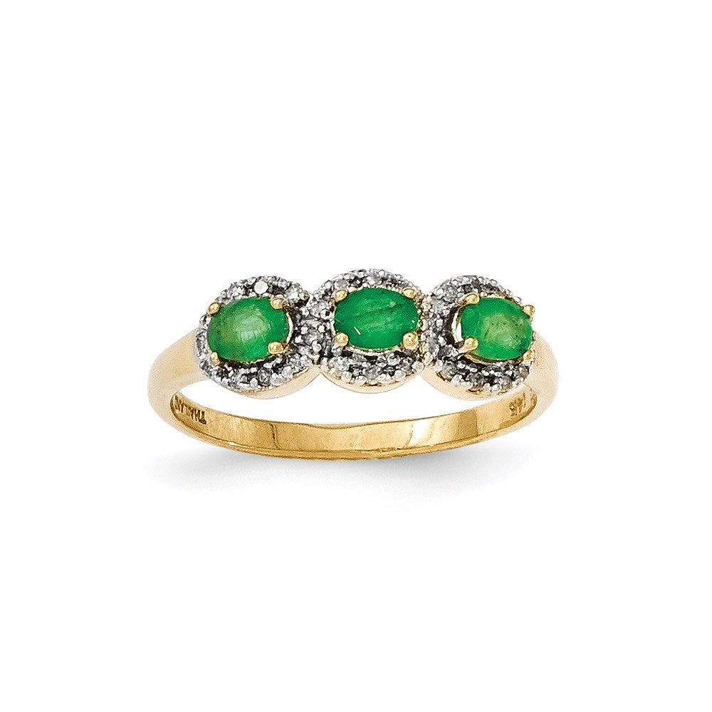 14K Gelbgold Smaragd & Echt Diamant Dreistein Ring