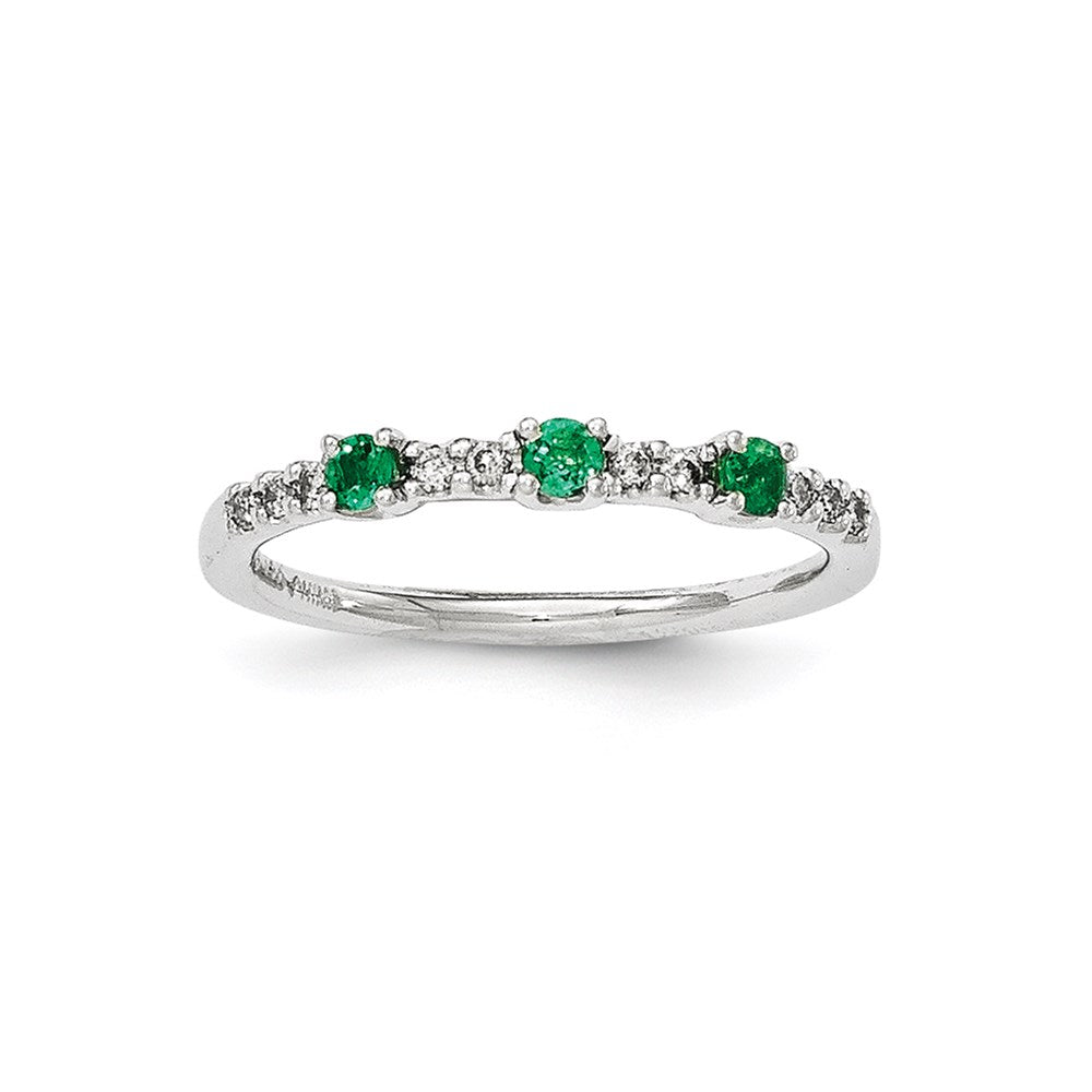 14K Weißgold Echt Diamant und Smaragd 3-stone Ring