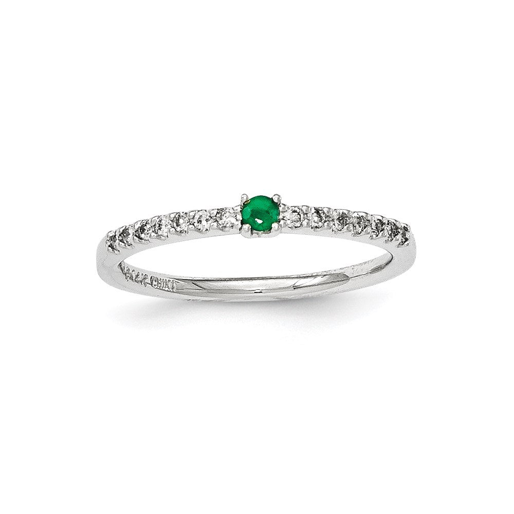 14K Weißgold Echt Diamant und Smaragd Solitär Ring