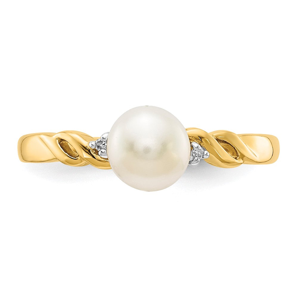 14K Gelbgold Fw Zuchtperle und Diamant Gedreht Ring