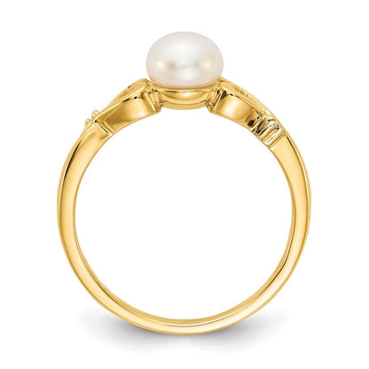 14K Gelbgold Ring mit echten Diamanten, Süßwasser-Zuchtperlen und Herz-Design