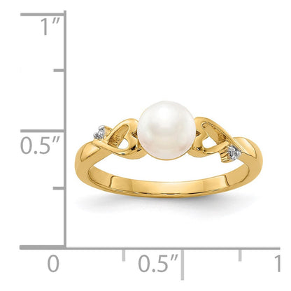 14K Gelbgold Ring mit echten Diamanten, Süßwasser-Zuchtperlen und Herz-Design
