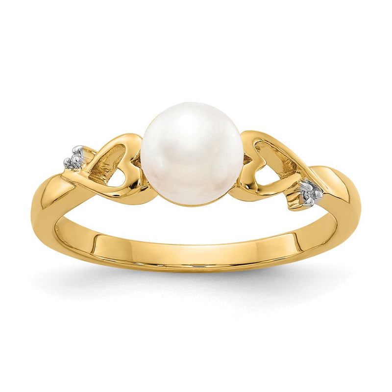 14K Gelbgold Ring mit echten Diamanten, Süßwasser-Zuchtperlen und Herz-Design