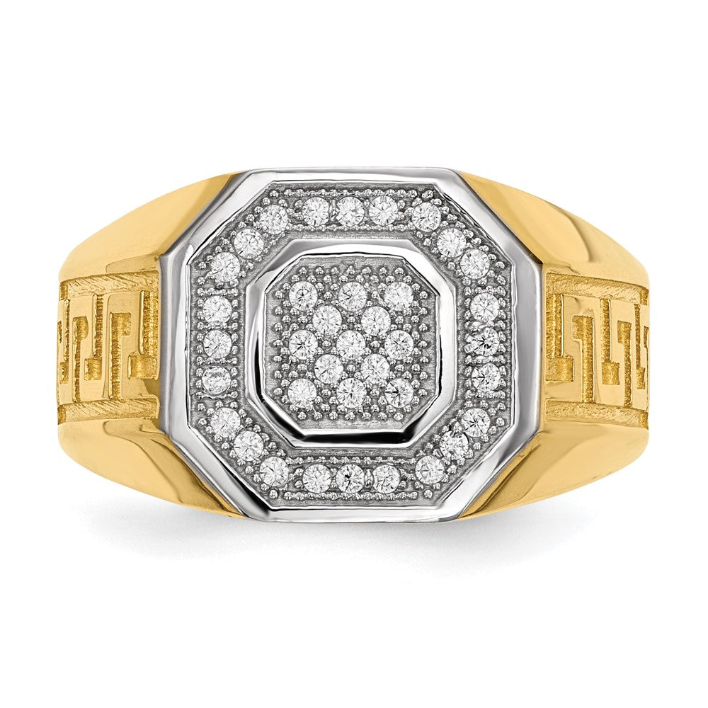 14K Gelb & Rhodium 14kw/ Herren Mikro Pavé Zirkonia Octagon Greek Key Ring