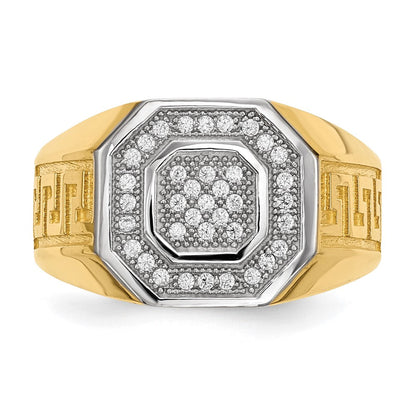 14K Gelb & Rhodium 14kw/ Herren Mikro Pavé Zirkonia Octagon Greek Key Ring