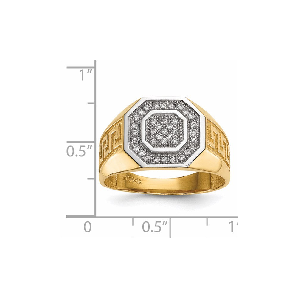 14K Gelb & Rhodium 14kw/ Herren Mikro Pavé Zirkonia Octagon Greek Key Ring
