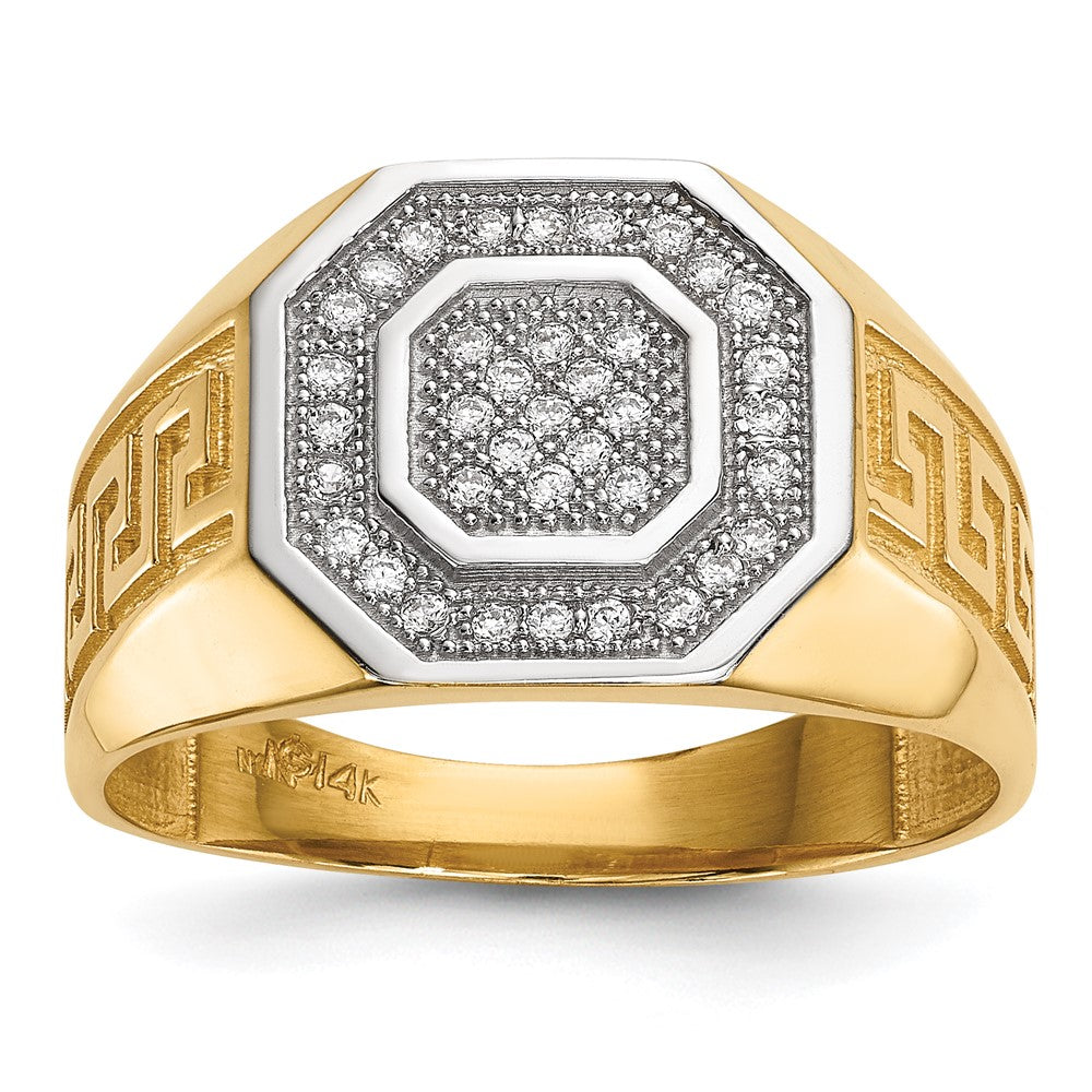 14K Gelb & Rhodium 14kw/ Herren Mikro Pavé Zirkonia Octagon Greek Key Ring