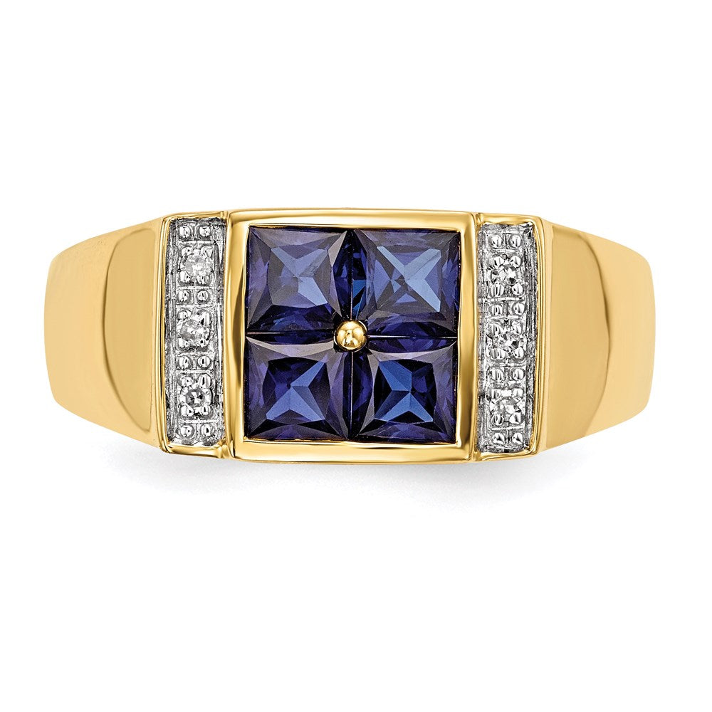 14K Gold Herrenring mit synthetischem Saphir und echtem Diamant
