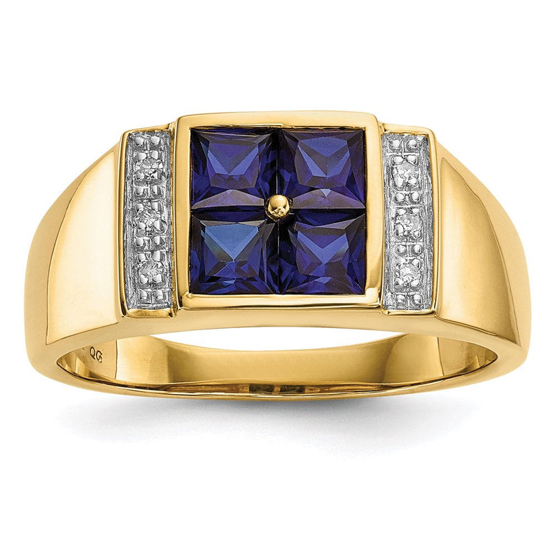 14K Gold Herrenring mit synthetischem Saphir und echtem Diamant
