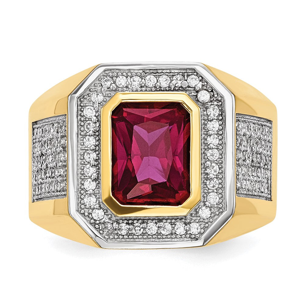 14K Gelb & Rhodium Zirkonia Smaragdschliff Rot Herren Ring