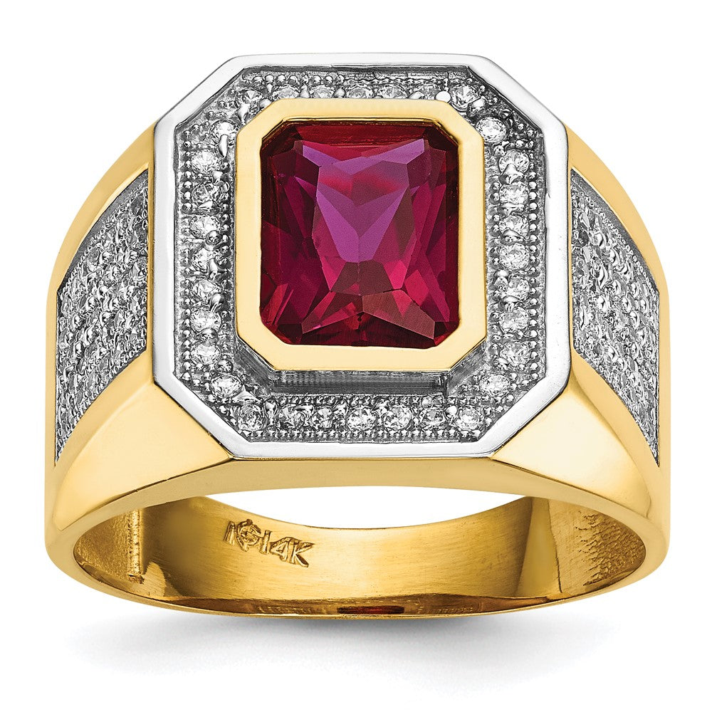 14K Gelb & Rhodium Zirkonia Smaragdschliff Rot Herren Ring