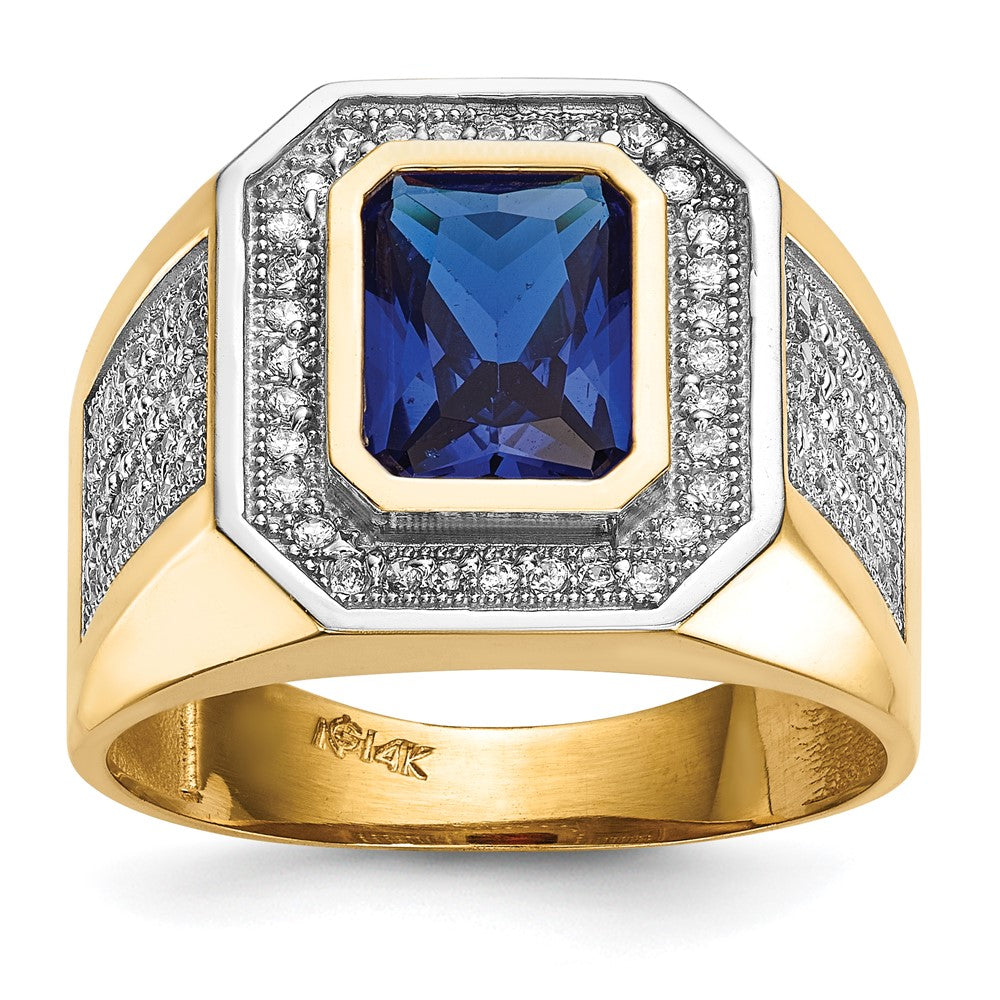 14K Gelb & Rhodium mit Zirkonia Smaragdschliff Blau Herren Ring