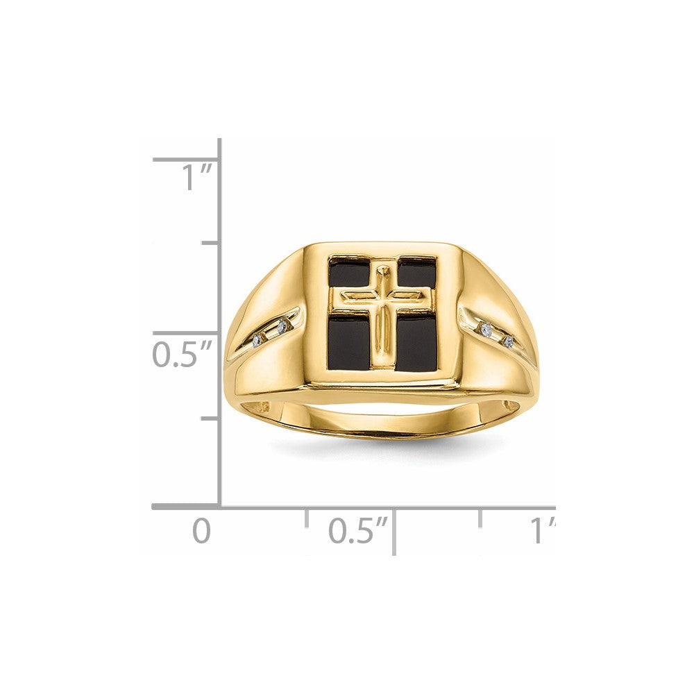 14K Gold Ring mit Onyx & echten Diamanten, christliches religiöses Kreuz, Herren