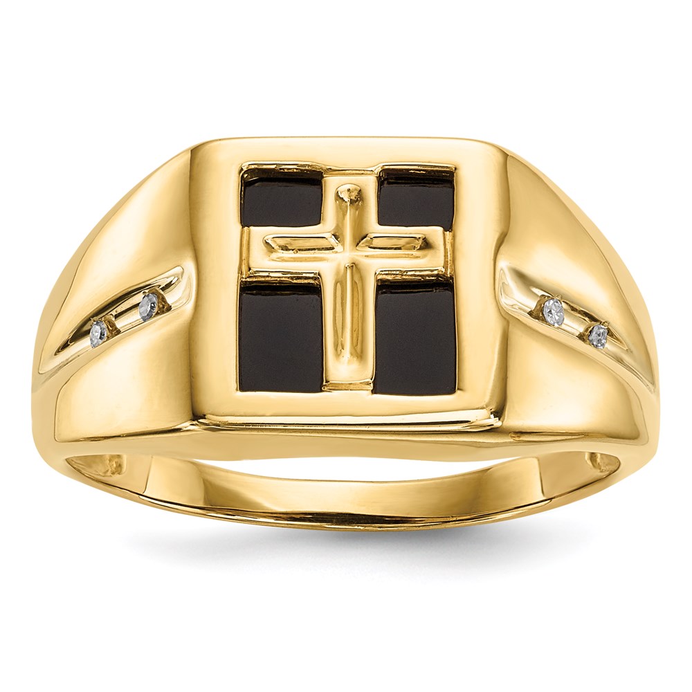 14K Gold Ring mit Onyx & echten Diamanten, christliches religiöses Kreuz, Herren