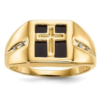 14K Gold Ring mit Onyx & echten Diamanten, christliches religiöses Kreuz, Herren