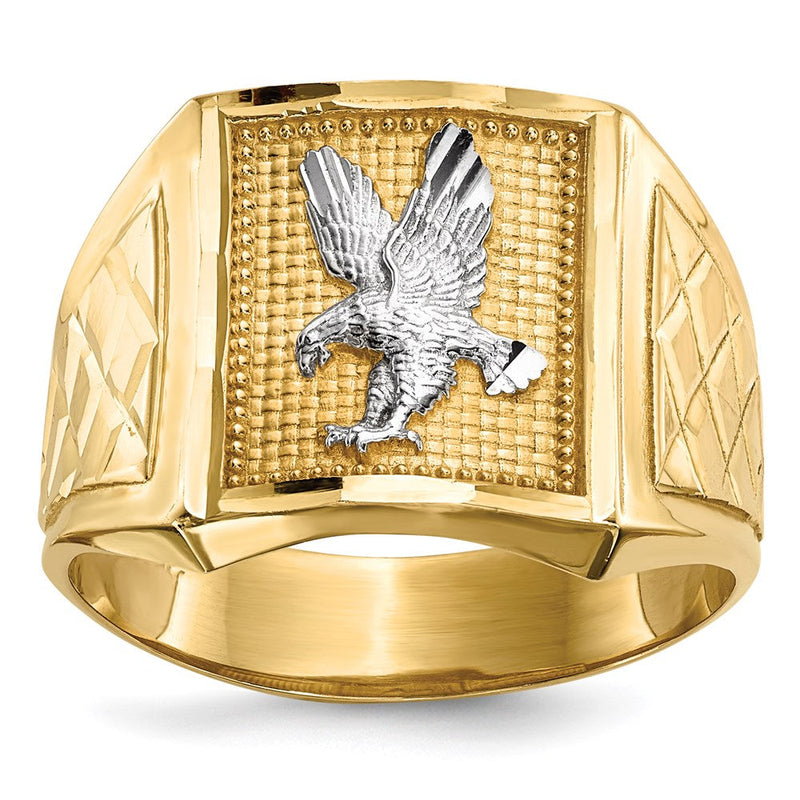 Massiv Masculine 14K Gelbgold mit Rhodium Diamantiert Adler Herren Ring
