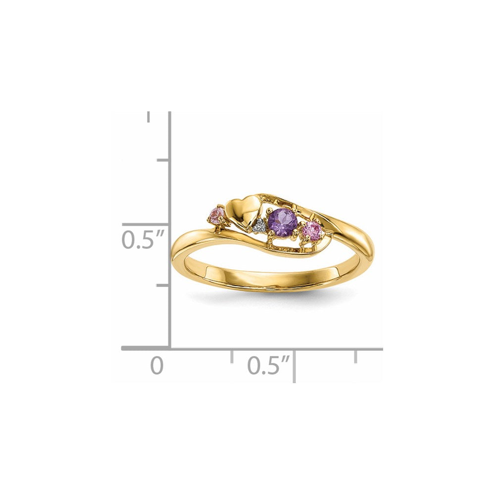 14K Gelbgold Herz-Ring mit Amethyst, rosa Saphir und echten Diamanten