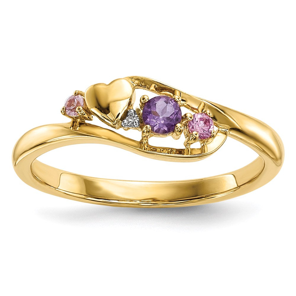 14K Gelbgold Herz-Ring mit Amethyst, rosa Saphir und echten Diamanten