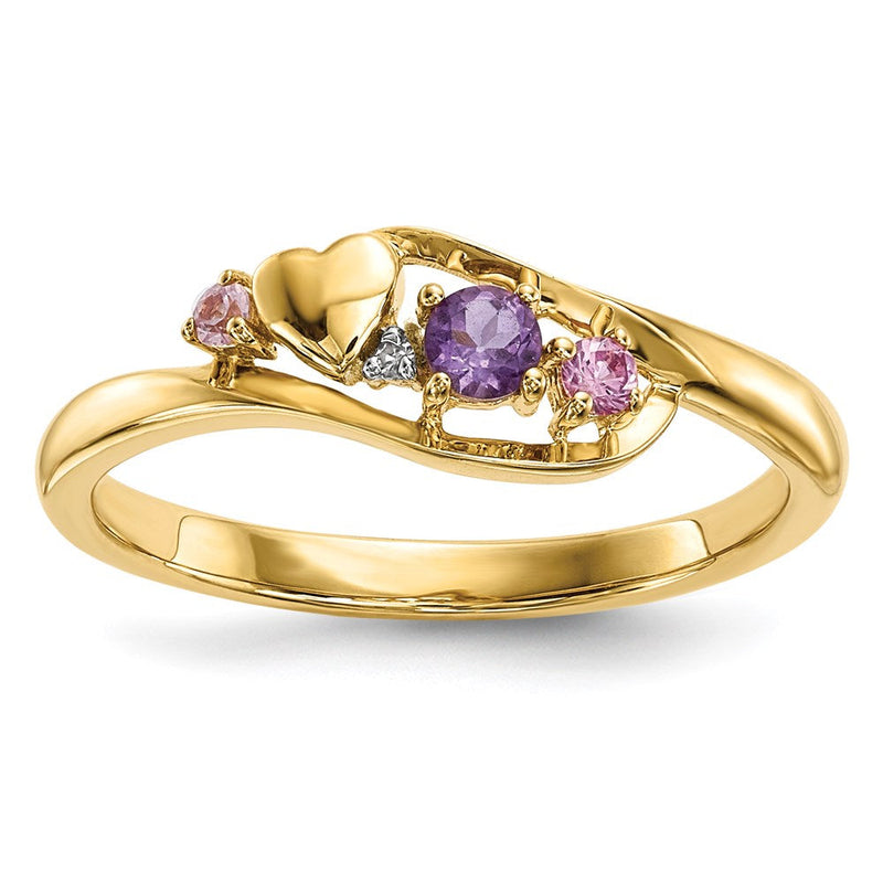 14K Gelbgold Herz-Ring mit Amethyst, rosa Saphir und echten Diamanten
